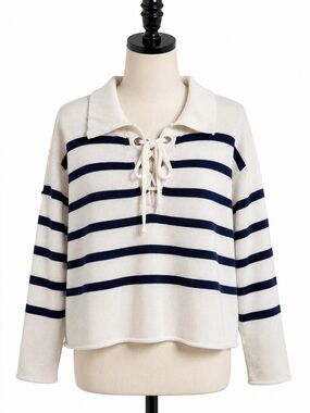 ANA A New Approach Women's Striped Lace Up Navy Collared Pullover Sweater Size M